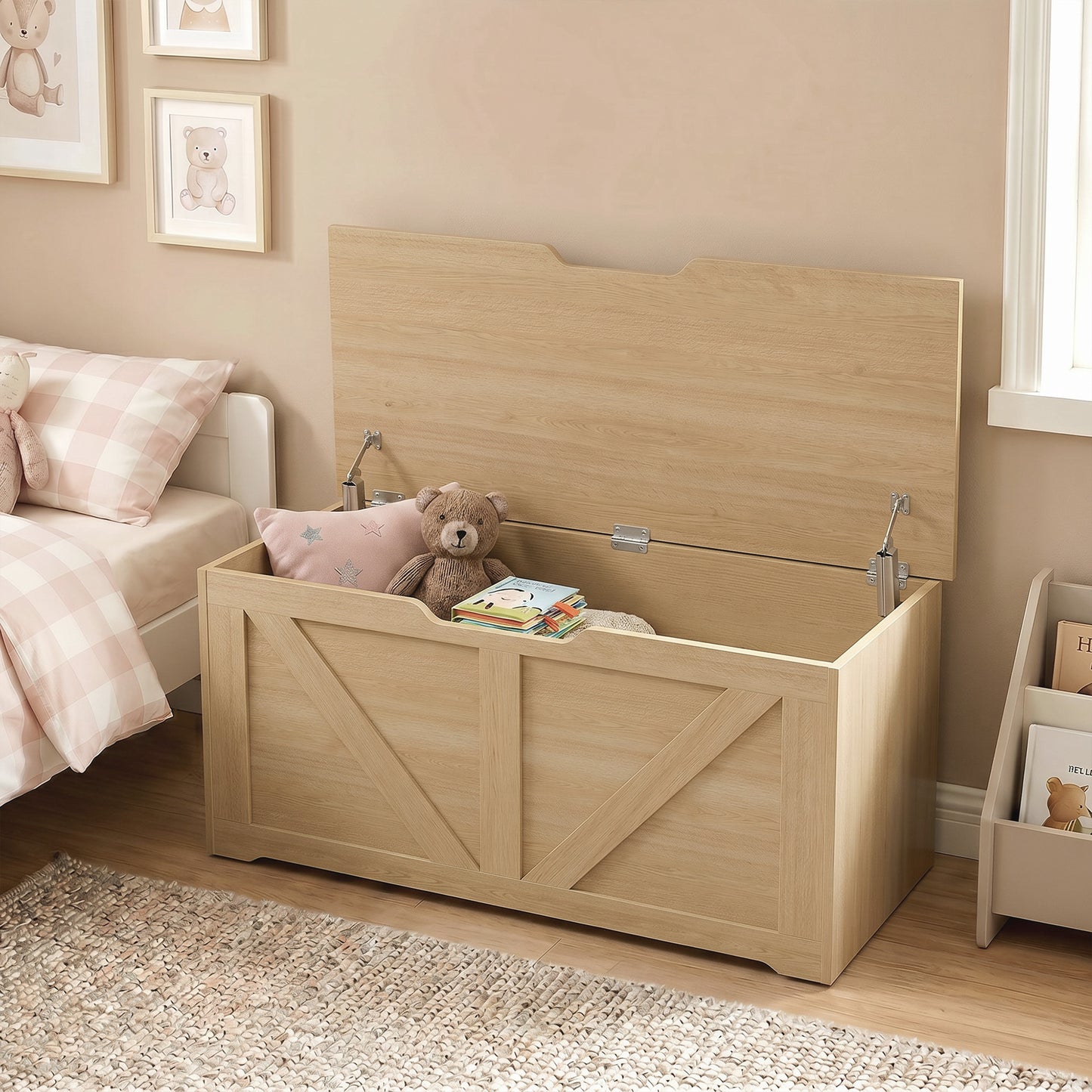 HOMCOM 127L Storage Box With Safety Hinges And Flat Lid Nature Wood Finish Ideal For Blanket Storage And Seating