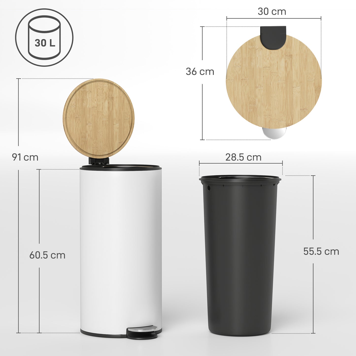 HOMCOM Kitchen Bin 30 Litre Pedal Bin With Removable Inner Bucket Soft Close Lid White And Natural