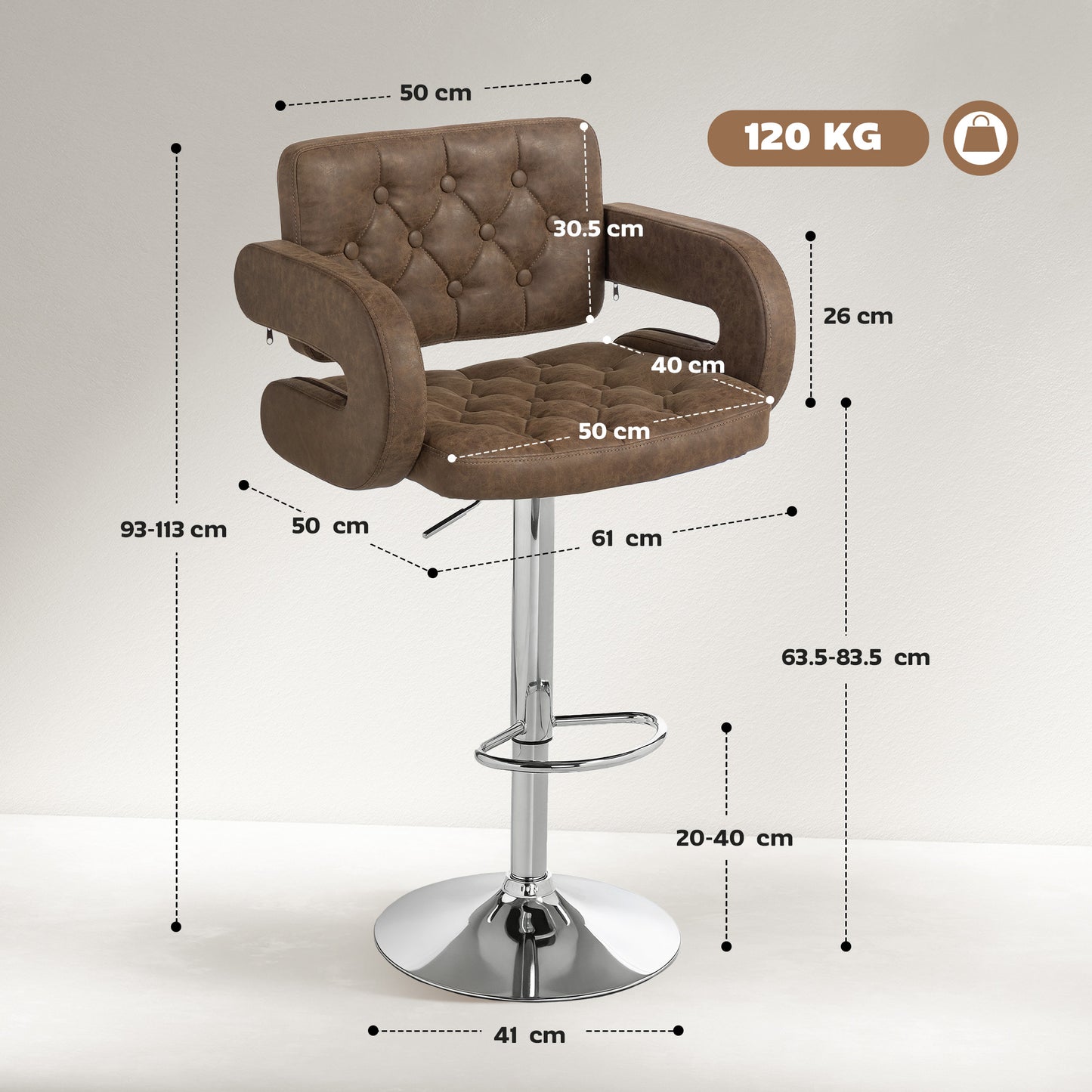 HOMCOM PU Leather Upholstered Swivel Bar Stool Height Adjustable Back Armrest Footrest Coffee