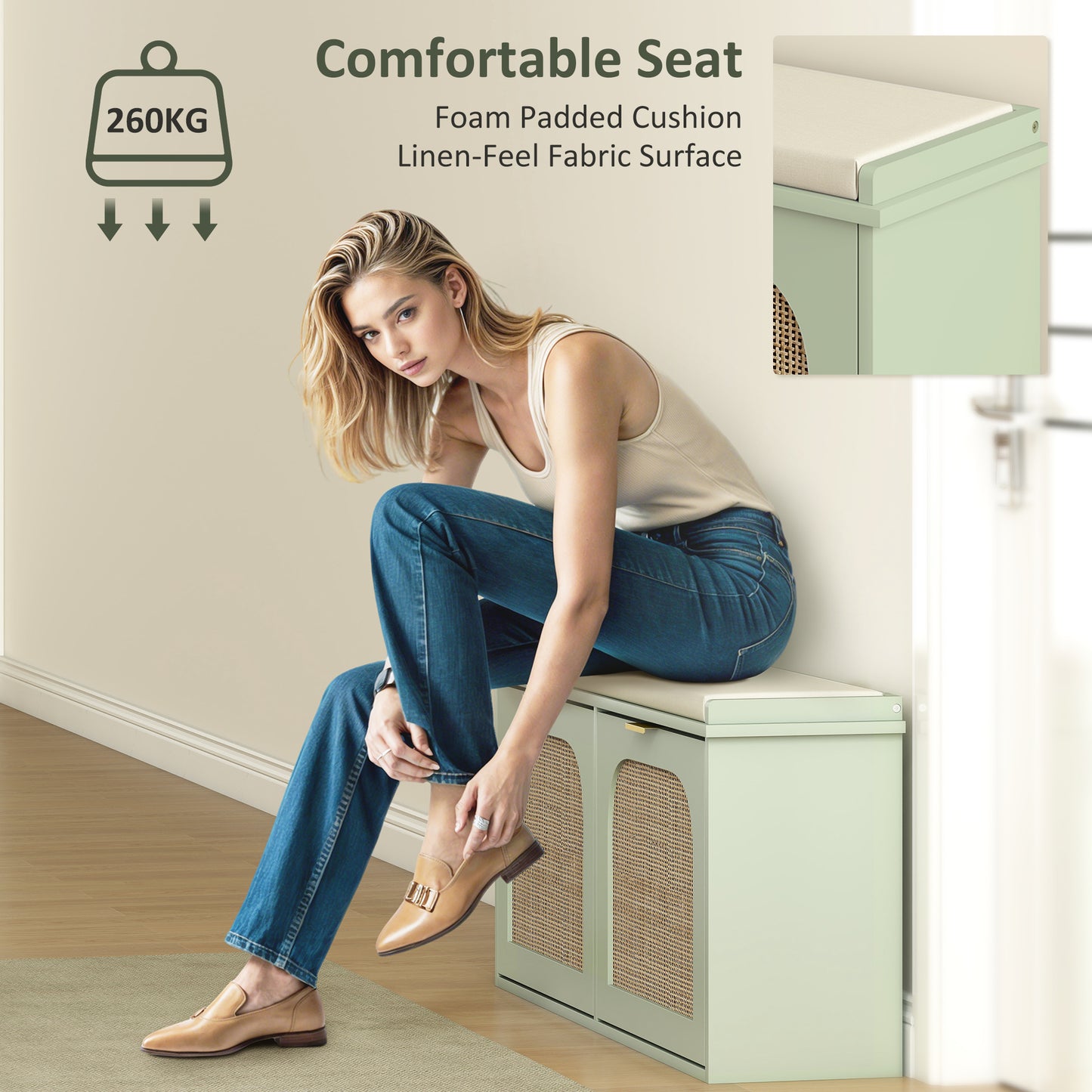 HOMCOM Boho Shoe Bench With Padded Seat And Two Flip Drawers For Entryway Organization In Light Green