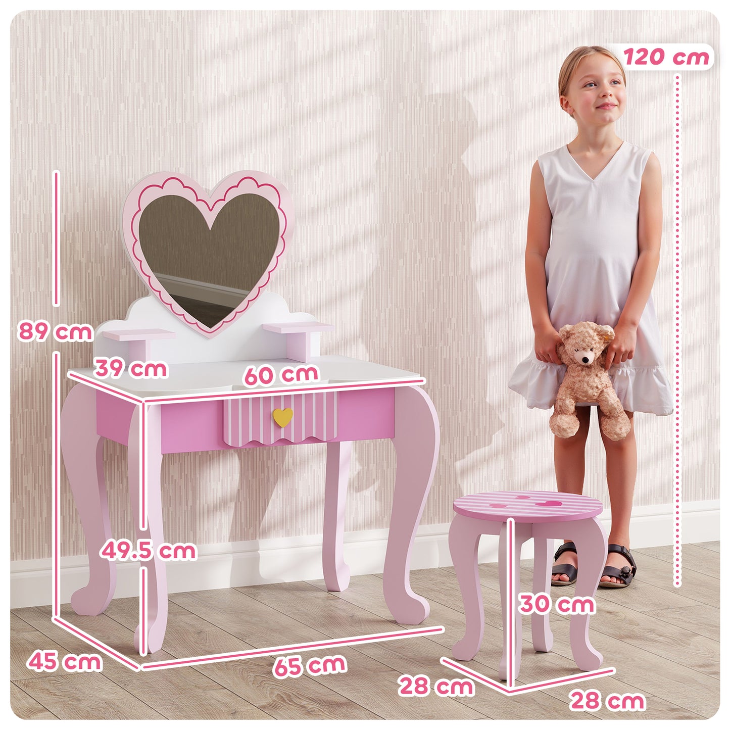AIYAPLAY Kids Vanity Dressing Table Set With Stool Mirror Drawer And Desktop Storage Heart Theme Pink