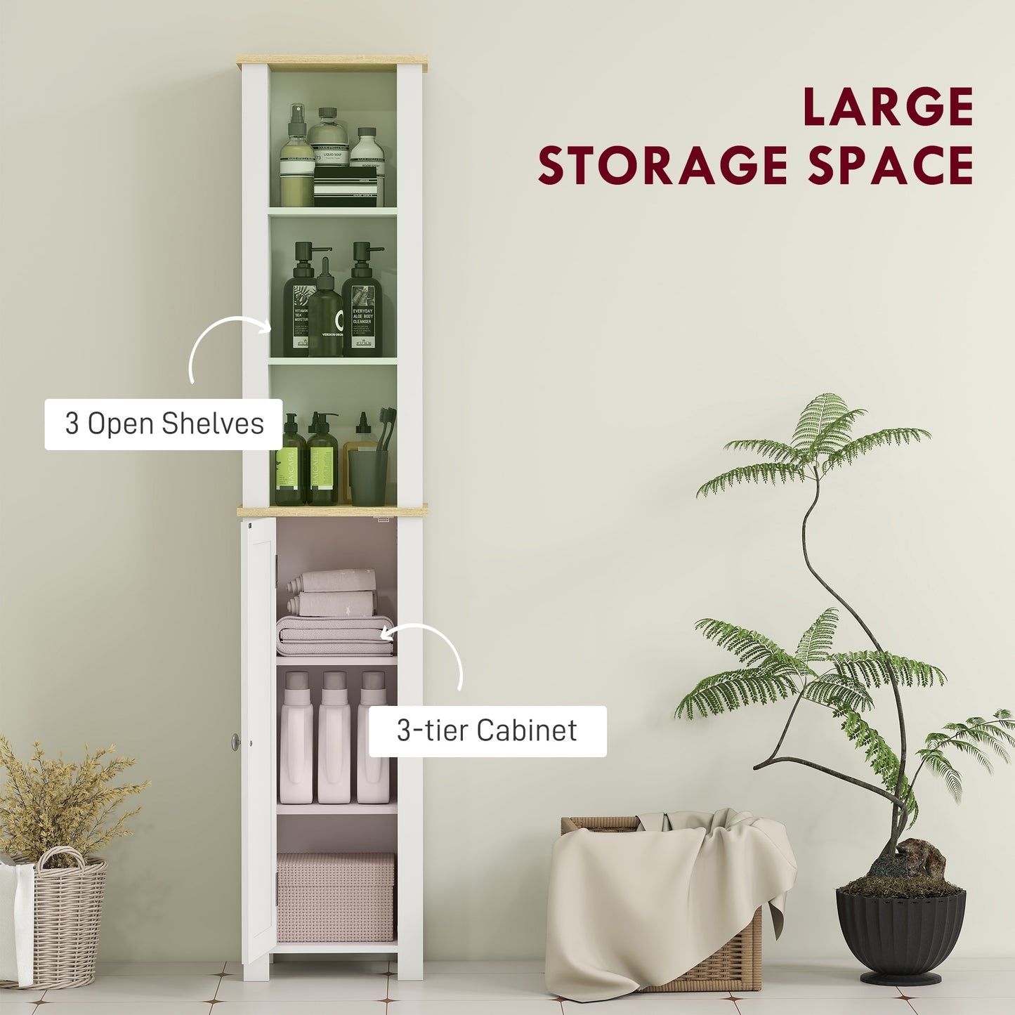 Kleankin Slim Bathroom Storage Cabinet With Three Open Compartments And Adjustable Shelves White 34 x 23 x 165 Cm