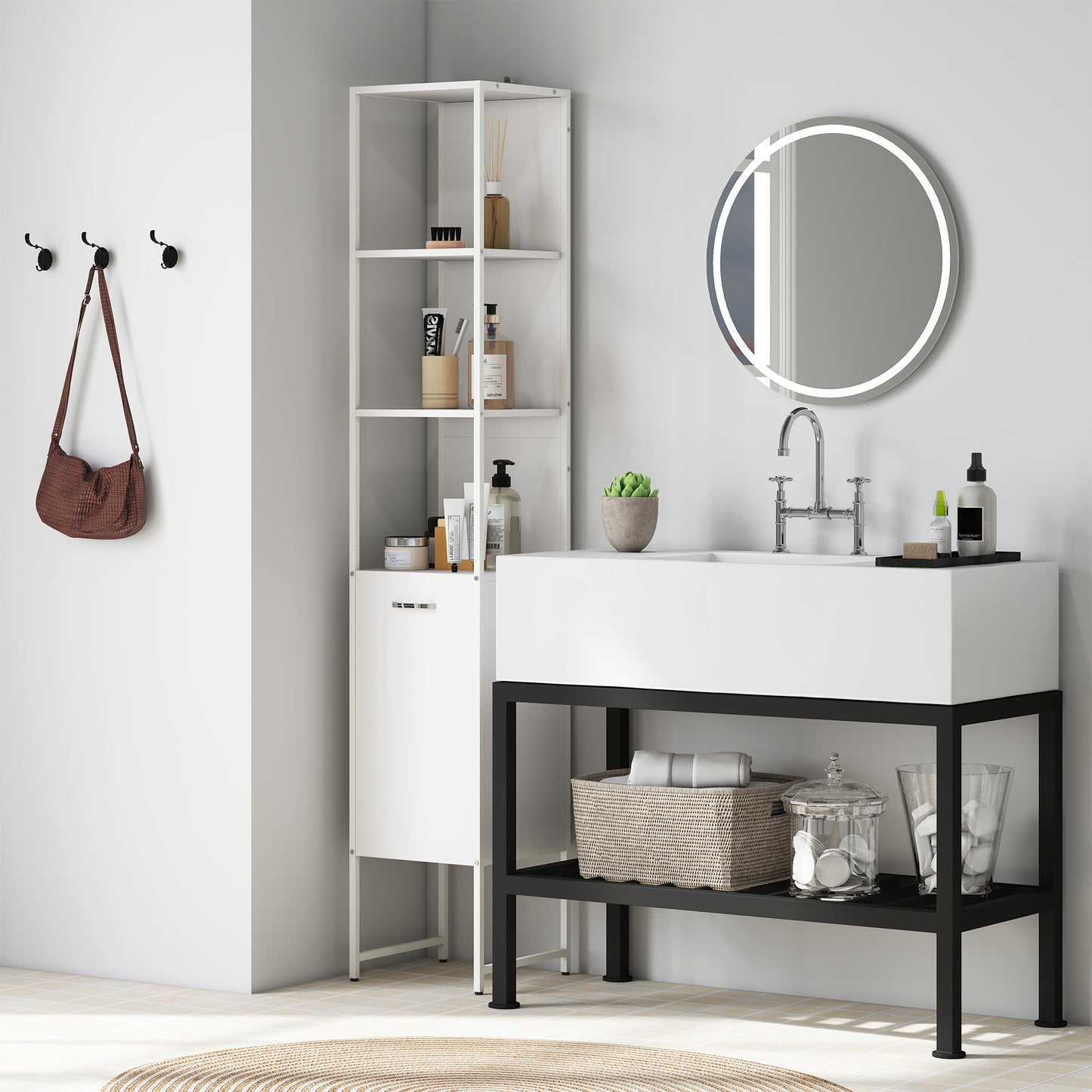 HOMCOM Tall Slim Bathroom Cabinet With Open Shelves And Closed Compartments White Five Level Adjustable Shelf