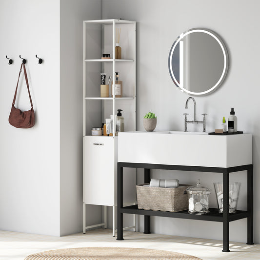 HOMCOM Tall Slim Bathroom Cabinet With Open Shelves And Closed Compartments White Five Level Adjustable Shelf