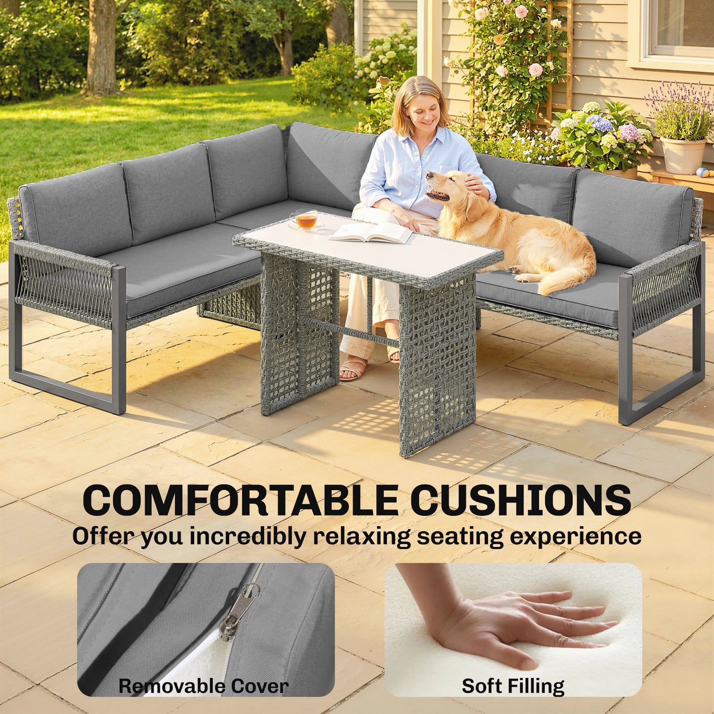 Outsunny 6 Seater Rattan Garden Furniture Corner Set With 3 Loveseats And Table Patio Grey