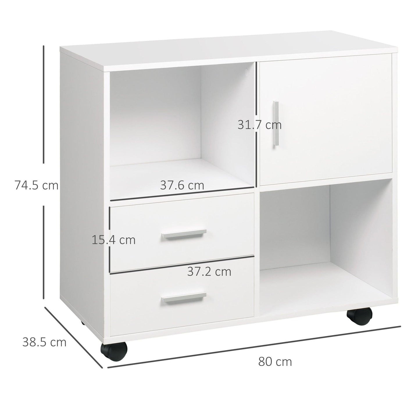 Vinsetto White Printer Stand with Wheels, Shelves, Drawers - Home Office Storage - ALL4U RETAILER LTD