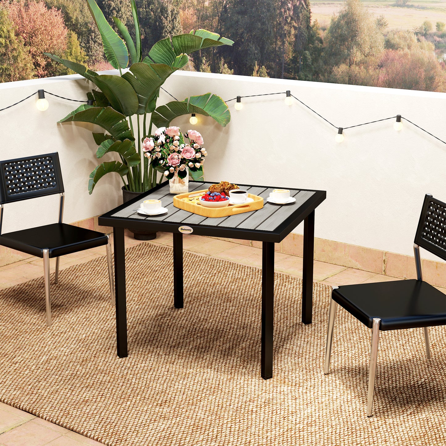 Outsunny Square Outdoor Garden Dining Table With Parasol Hole 54mm Slatted Top Metal Frame 86x86x71 Cm Light Grey