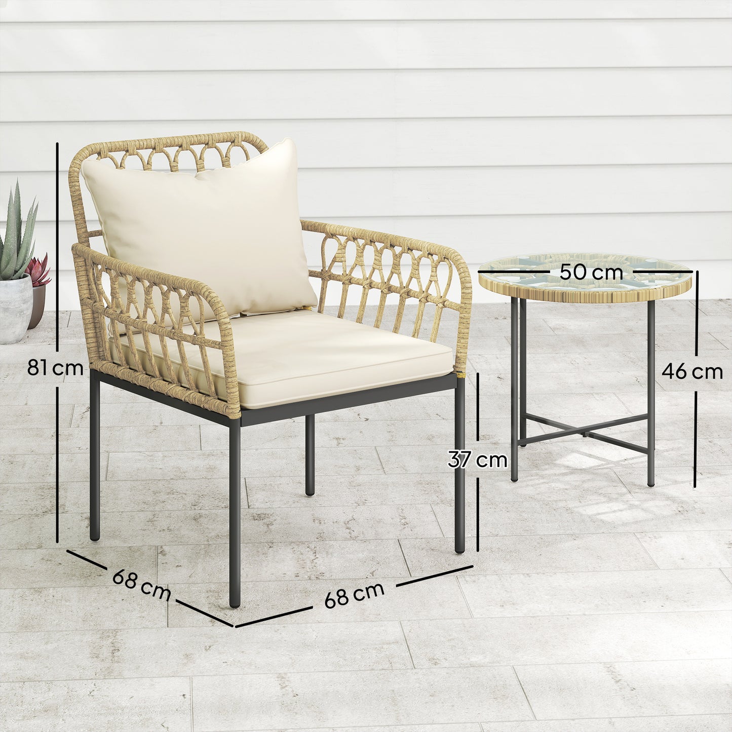 Outsunny 3 Piece Rattan Bistro Set Outdoor Wicker Garden Furniture With Cushions Glass Top Table And Chairs Beige