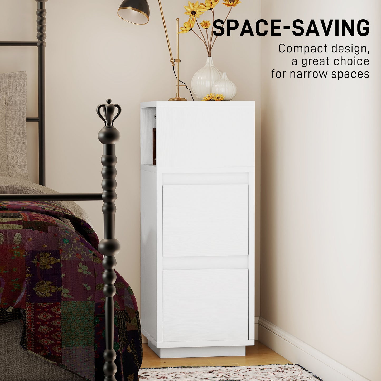 HOMCOM Slim Bedside Table With Open Shelf And Two Drawers For Bedroom And Living Room White