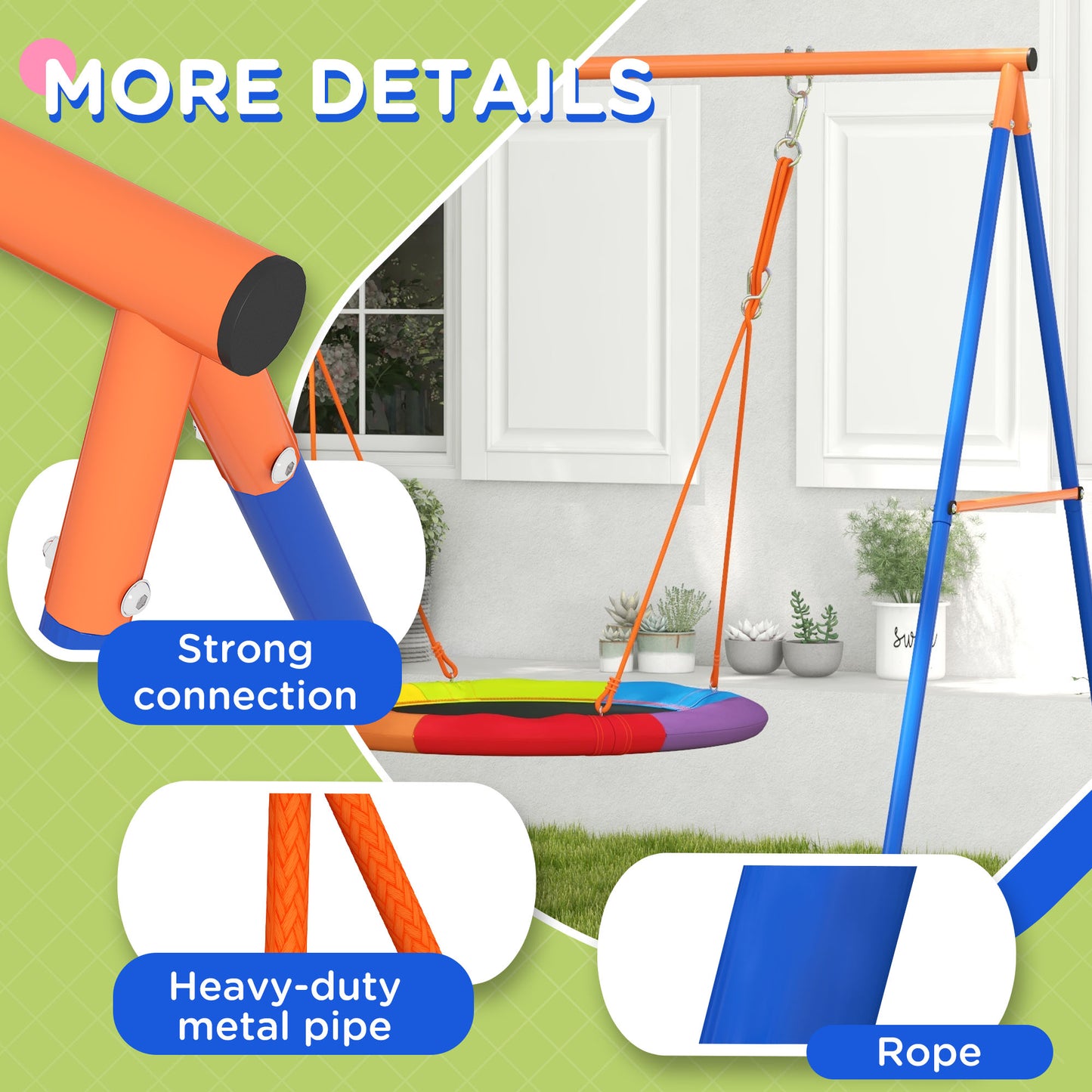 Outsunny Colorful A-Frame Metal Nest Swing Set for Kids - Dual Seat Outdoor Fun - ALL4U RETAILER LTD