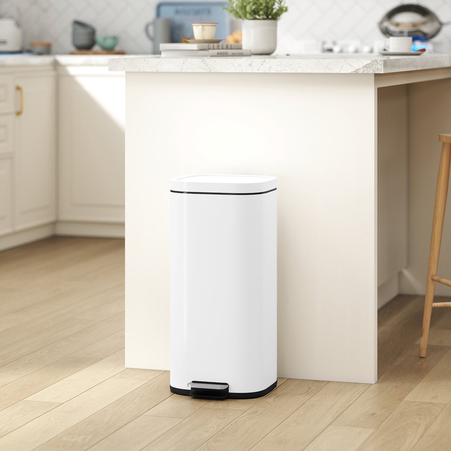 HOMCOM 30L Kitchen Bin Compact Pedal Bin With Soft Close And Stay Open Lid Removable Bucket For Kitchen Office White