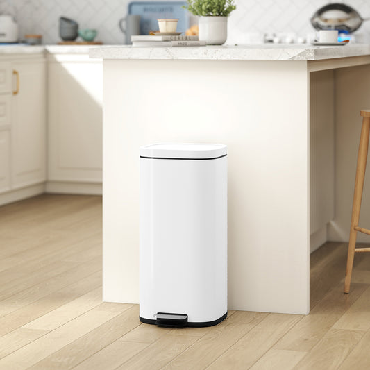 HOMCOM 30L Kitchen Bin Compact Pedal Bin With Soft Close And Stay Open Lid Removable Bucket For Kitchen Office White