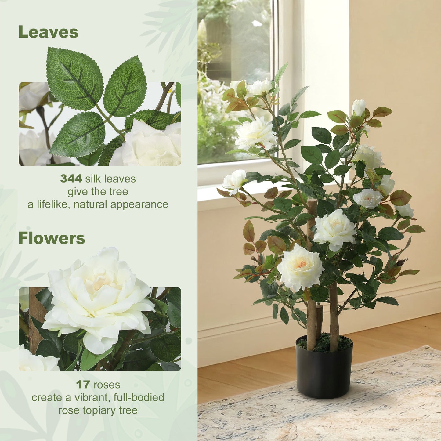 HOMCOM 90cm Artificial Rose Tree with 344 Silk Leaves and 17 Flowers White for Indoor Outdoor Decor