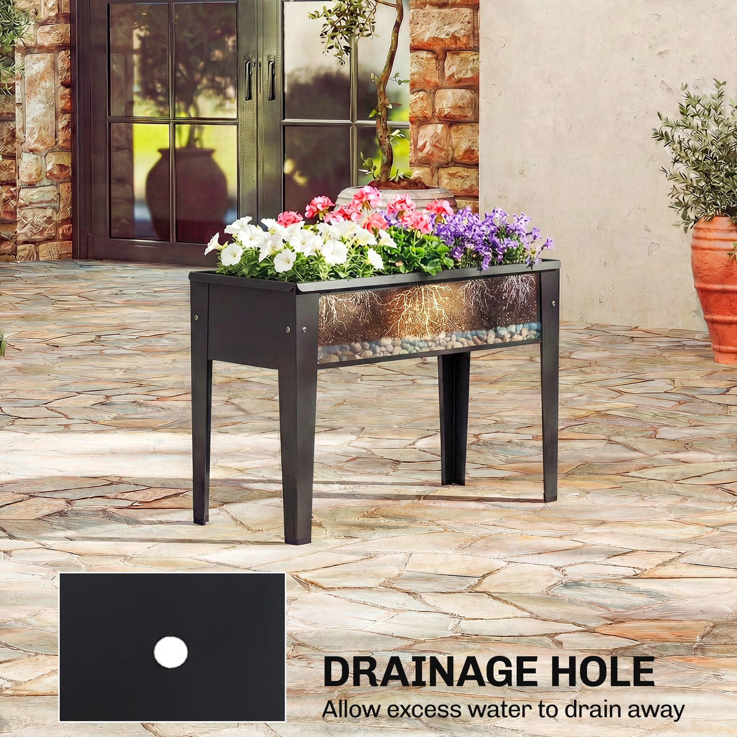 Outsunny Powder Coated Metal Raised Planter On Legs Garden Bed With Drainage Hole And Foot Covers Black
