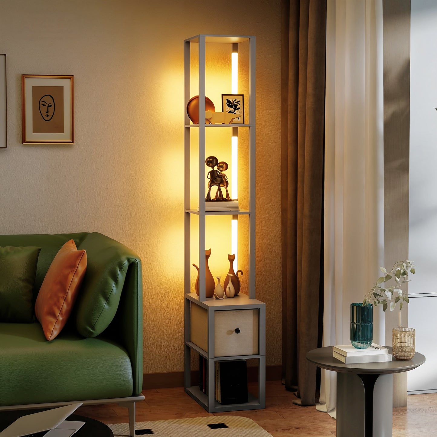 HOMCOM 3 In 1 Floor Lamp With Shelves And Fabric Drawer LED Column Modern Standing Lamp Adjustable Brightness Grey