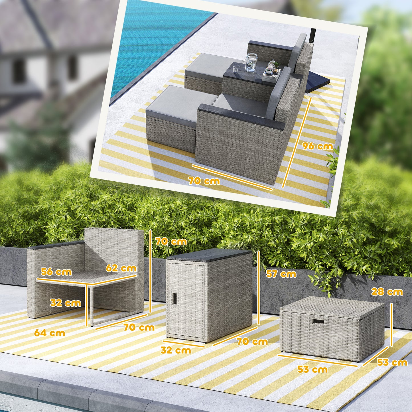Outsunny Five Piece Rattan Garden Furniture Set With Storage Table Cushions And Two Chairs And Footstools Grey