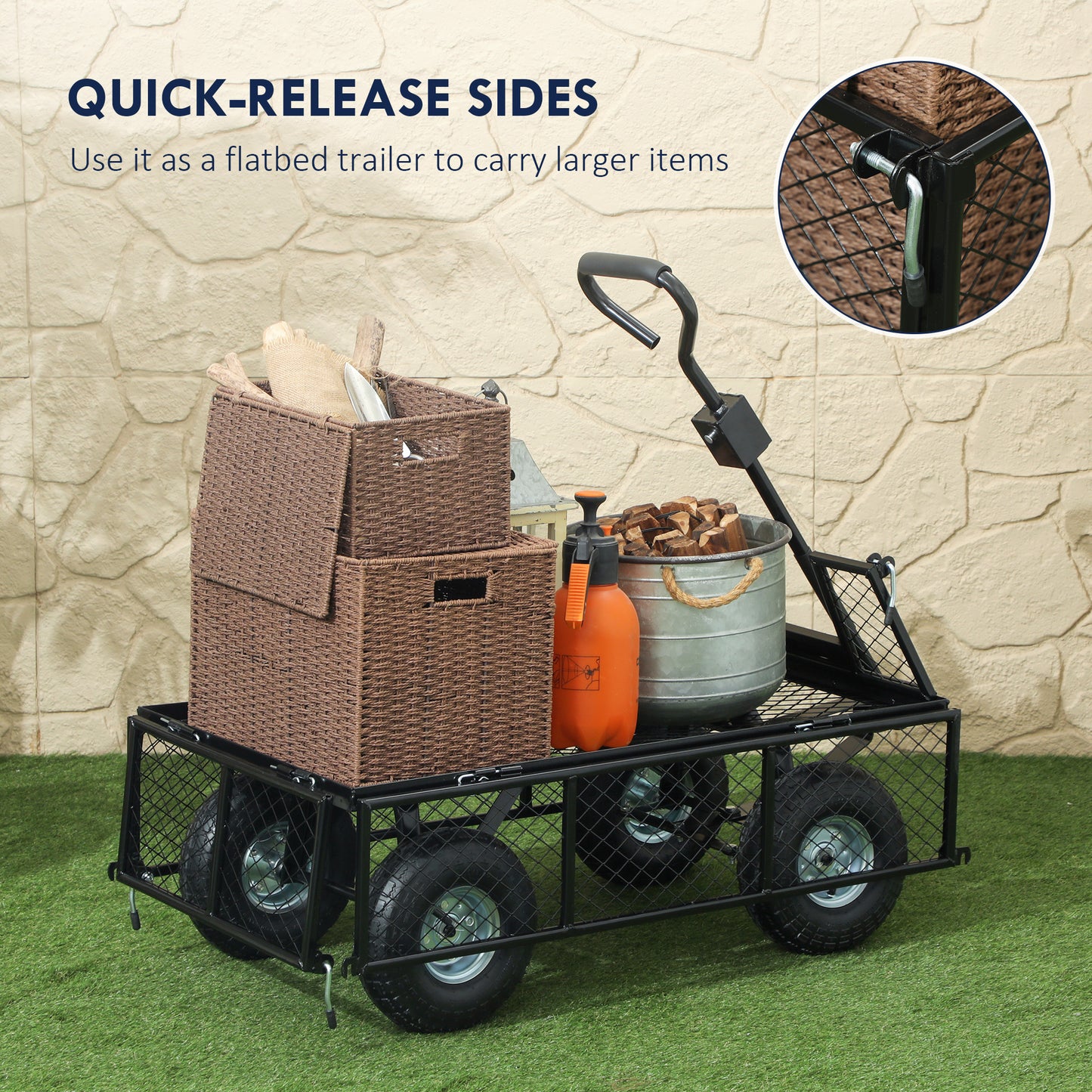 Outsunny 114L Steel Frame Garden Cart Trolley Heavy Duty With Removable Waterproof Bag Blue