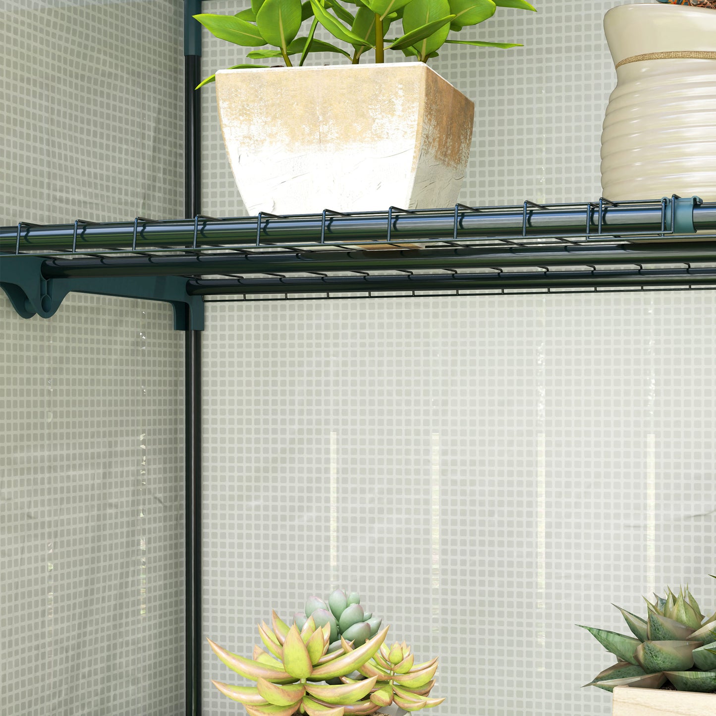 Outsunny Four Tier Mini Greenhouse Grey White with 140 g per m2 Plastic Cover and Roll Up Zipped Door