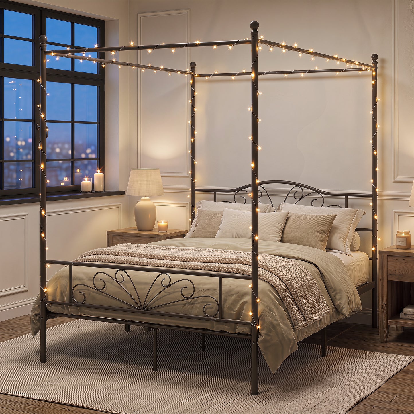 Homcom King Size Metal Platform Bed Frame With Canopy Posts Black