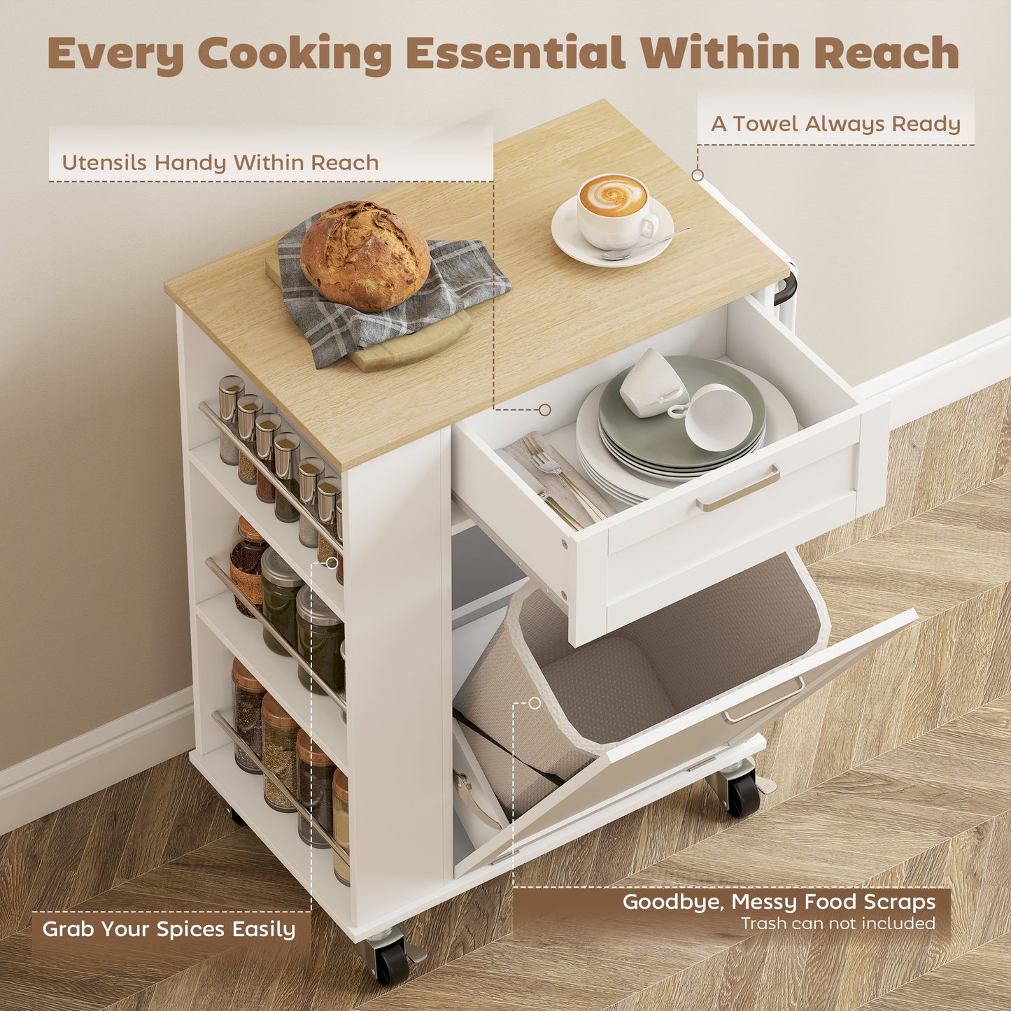 HOMCOM Kitchen Storage Trolley On Wheels Rolling Kitchen Island With 2 Drawers Tilt Out Rubbish Cabinet Storage White