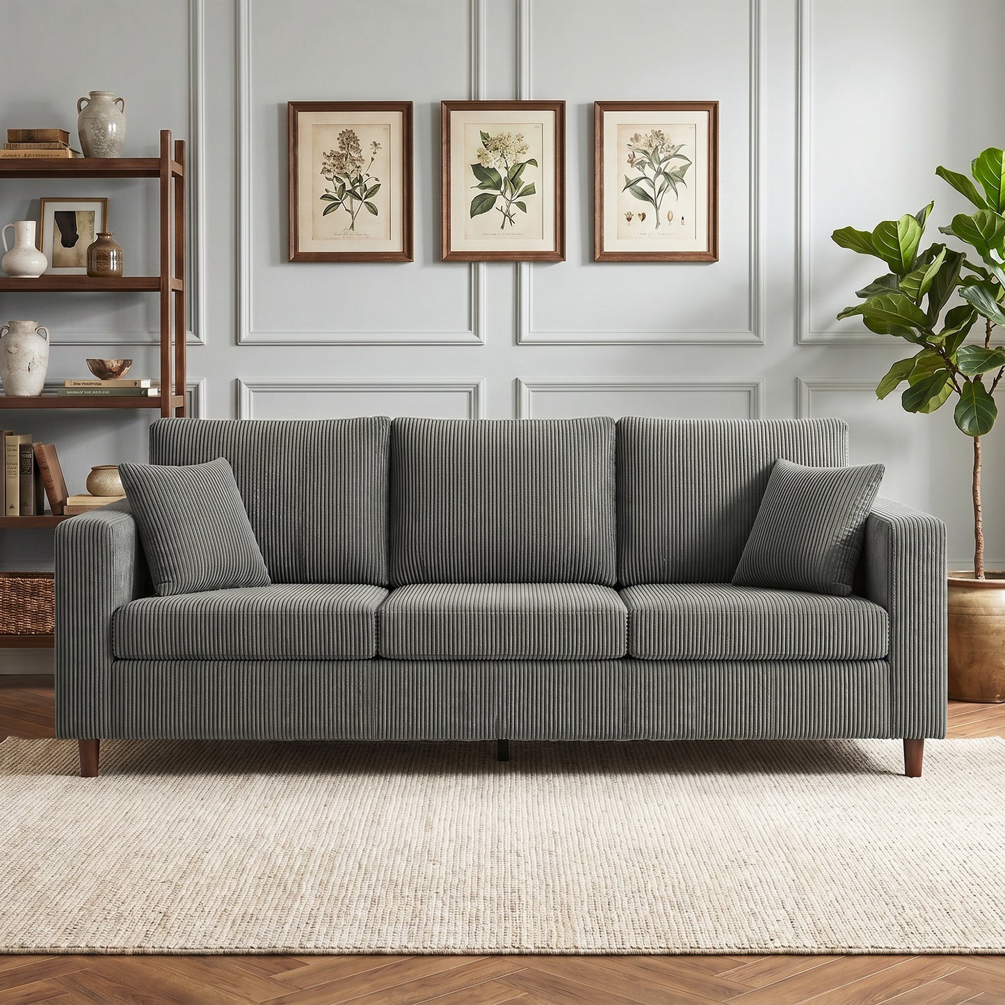 HOMCOM Three Seater Sofa With Wide Deep Seat Corduroy Upholstery Pocket Spring Cushion Support In Light Grey