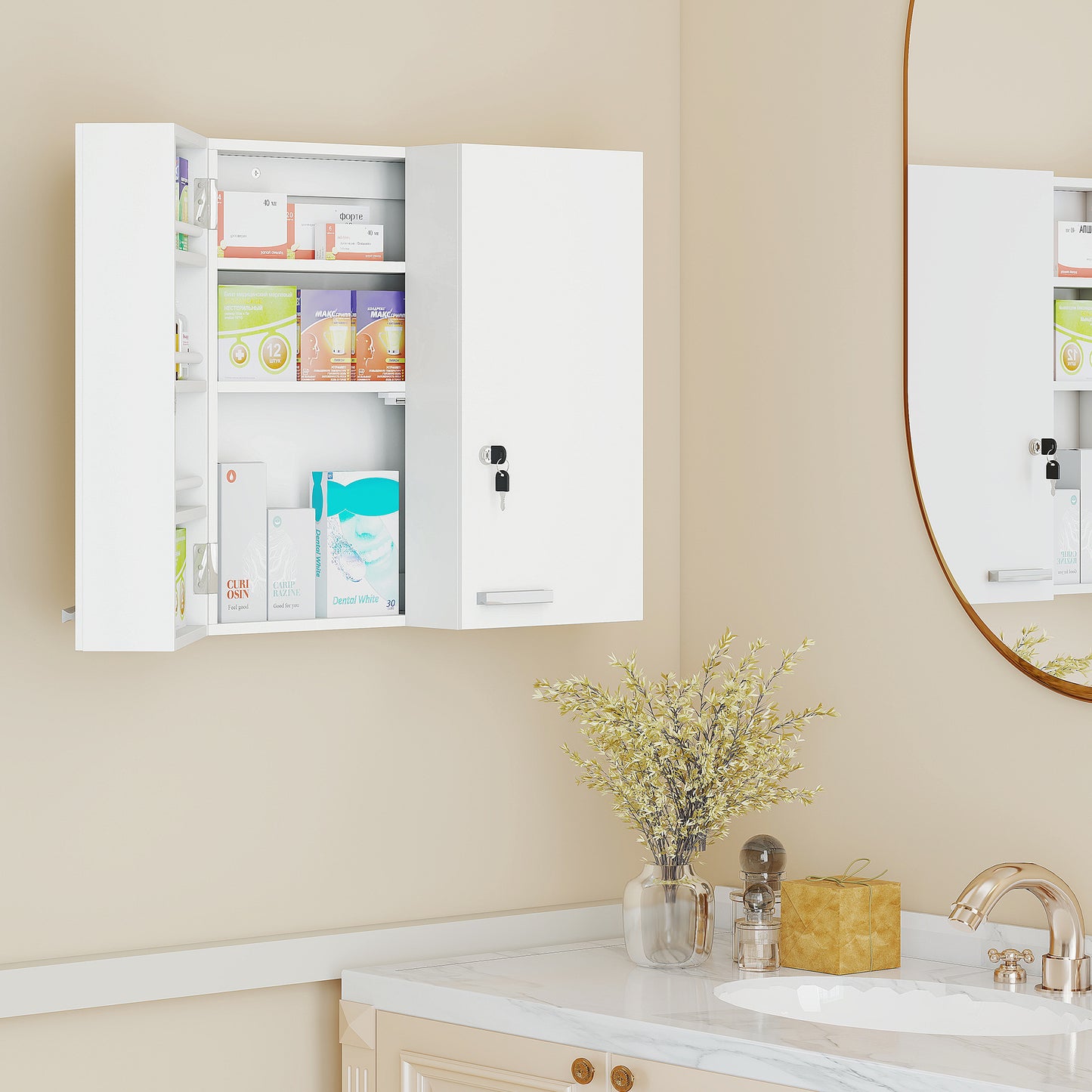 HOMCOM Wall Mount Medicine Cabinet With Lock, 2 Doors, 11 Storage Compartments, 3 Tier First Aid Organizer, White