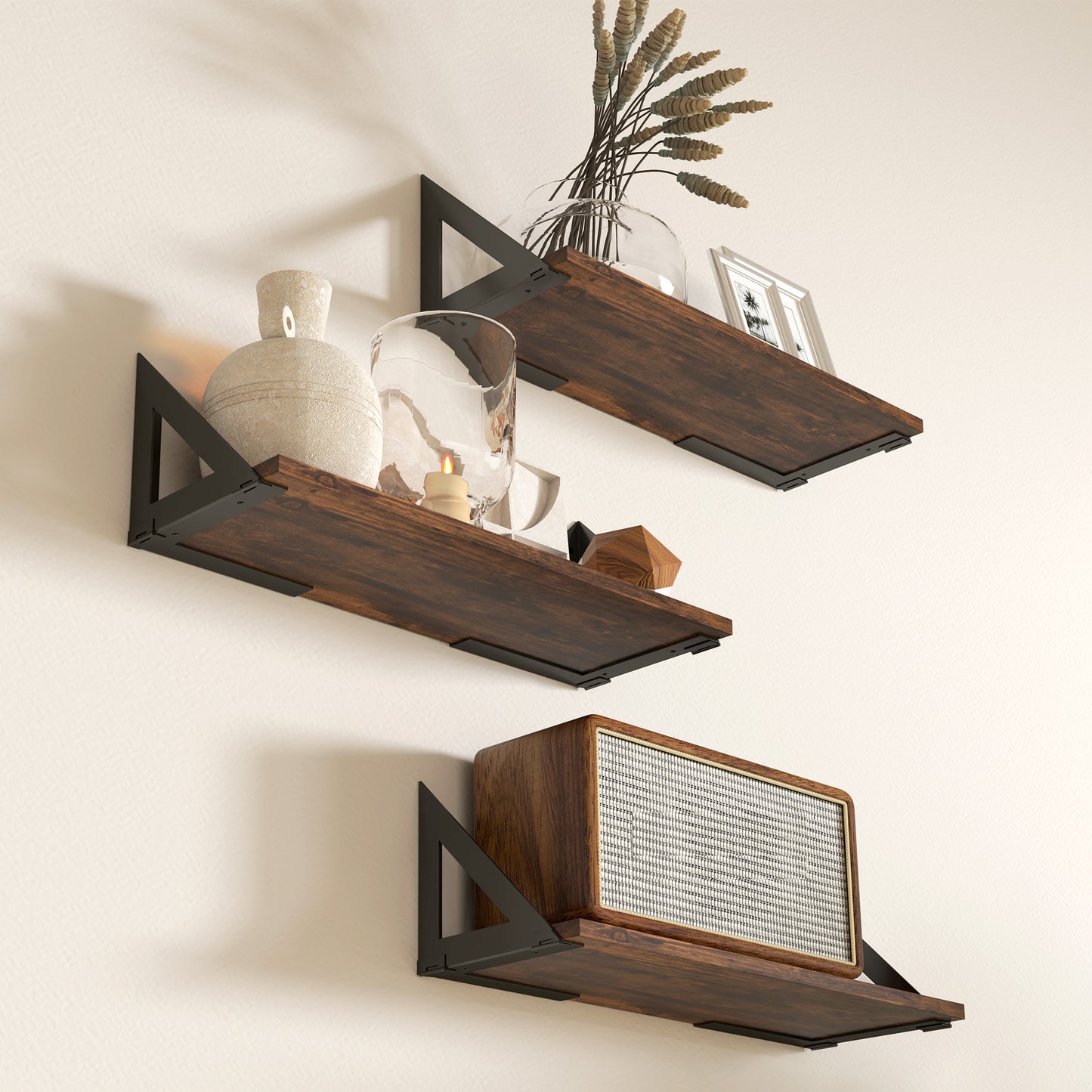 HOMCOM Set Of 3 Rustic Brown Wall Mounted Floating Shelves 43cm Vintage Living Room Entryway Bedroom