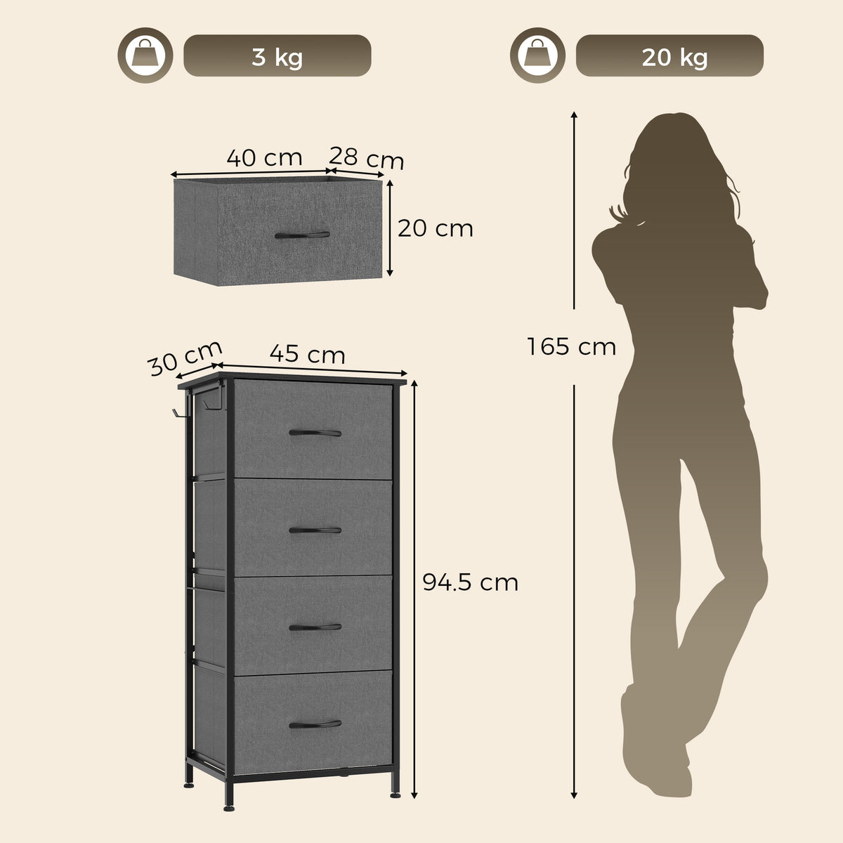 Grey fabric dresser dimensions graphic showing drawer size and overall height