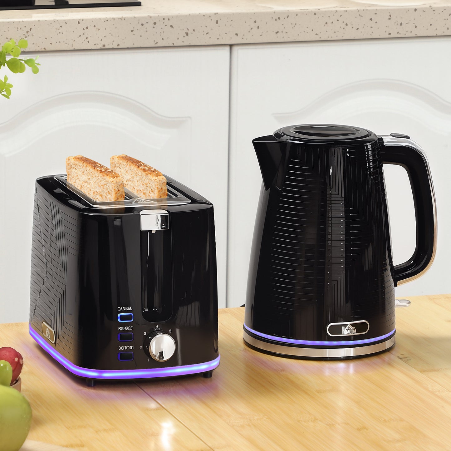 HOMCOM Modern Kettle And Toaster Set Black With Glowing Lights And Fast Boiling 1.7L Capacity Kettle