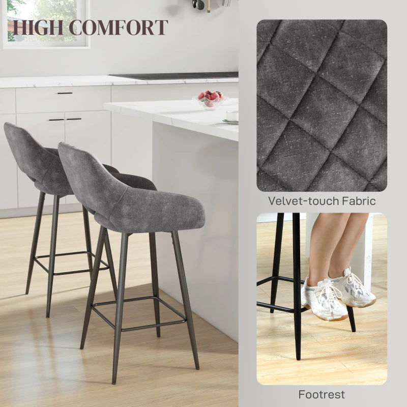 HOMCOM Set of 2 Grey Velvet Bar Stools - Modern Counter Height Chairs with Backs - ALL4U RETAILER LTD