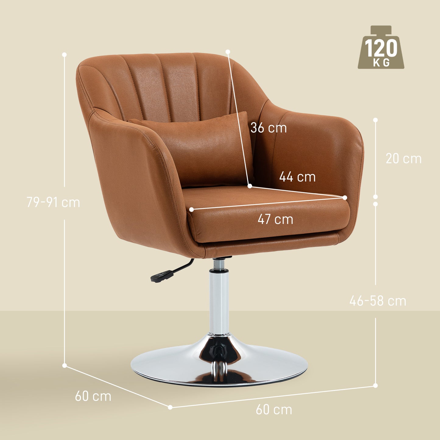 HOMCOM Swivel Tub Chair With Microfiber Upholstery Vanity Style Armchair Adjustable Height And Lumbar Support Brown