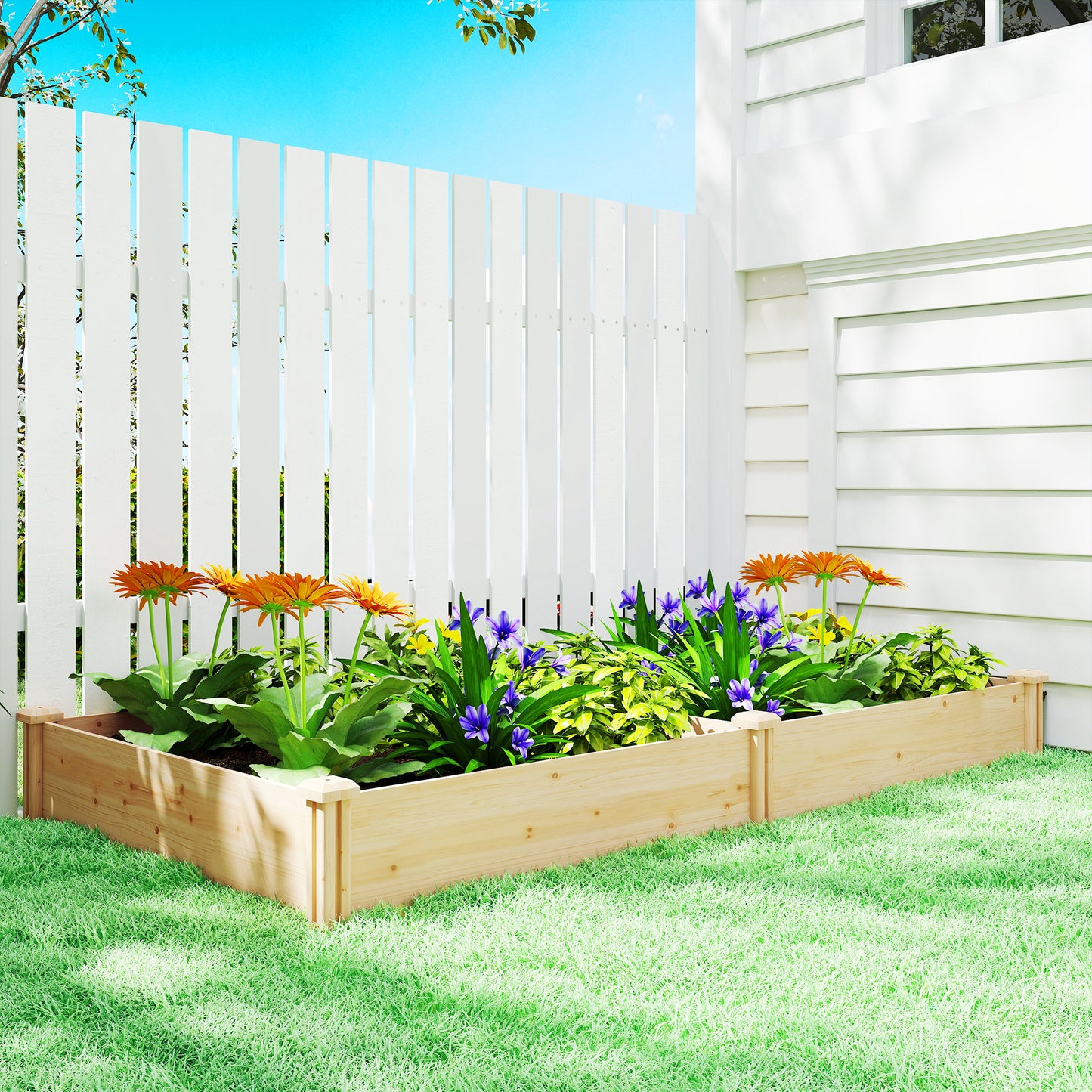 Outsunny Raised Garden Bed Wooden Planter Box With Divider Open Bottom For Flowers Herbs Vegetables DIY Painting