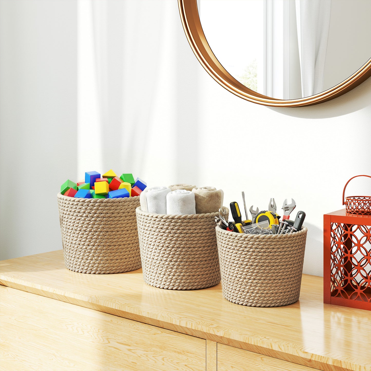 Outsunny Seagrass Planters Set Of 3 Indoor Outdoor Plant Pots For Patio Balcony Natural Finish