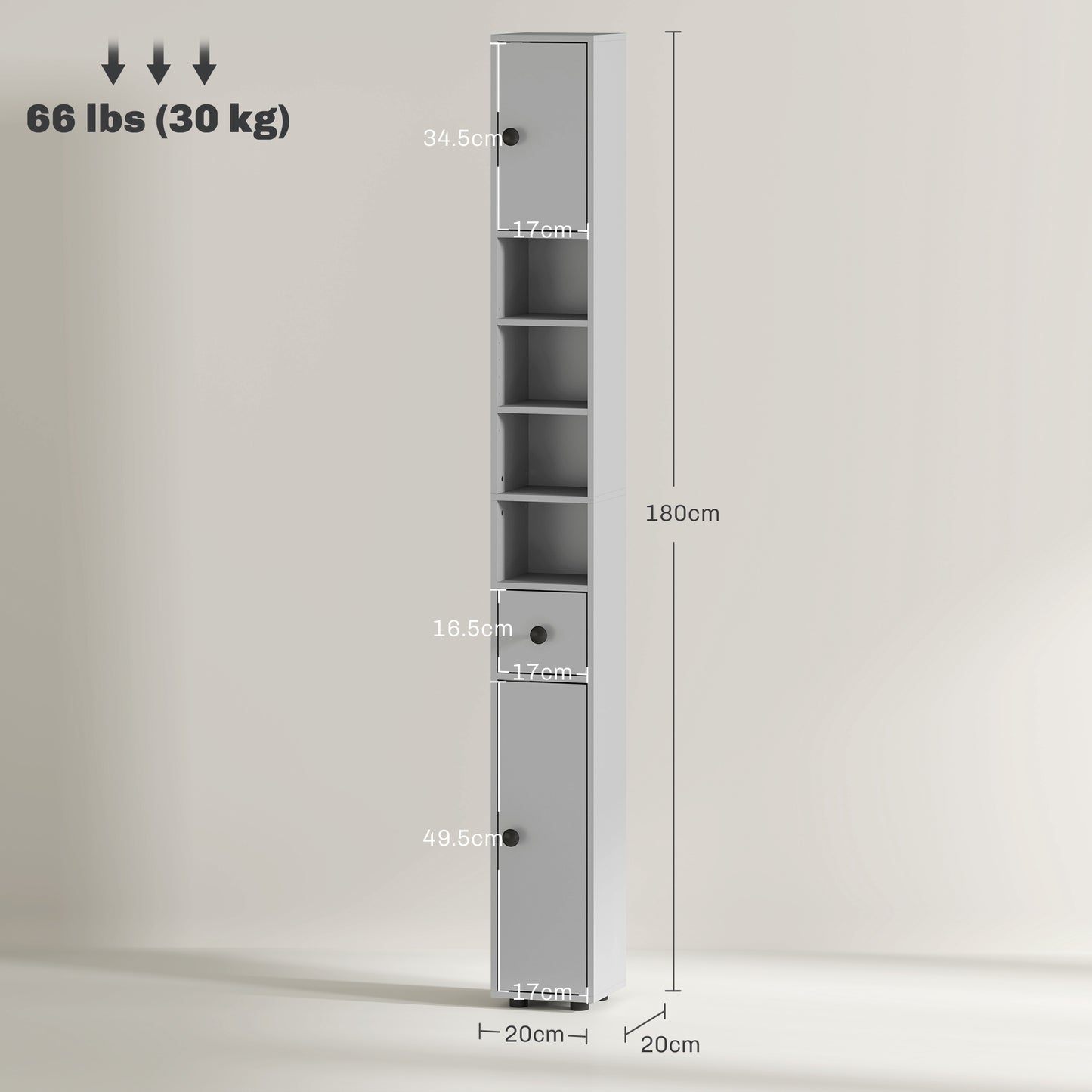 Kleankin 180cm Slim Bathroom Cabinet With Drawer Shelves And Cupboards Grey For Small Bathrooms