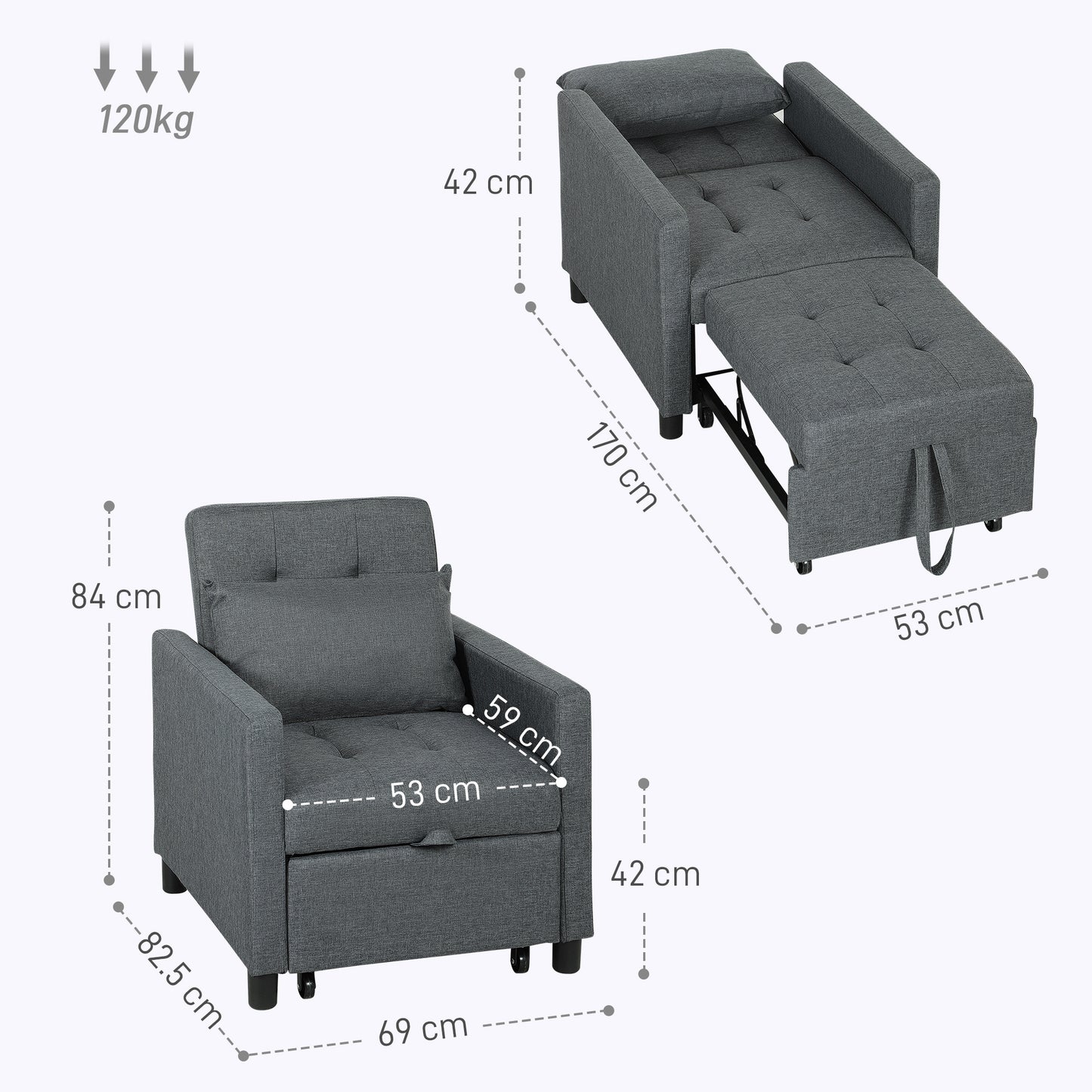 HOMCOM 3-In-1 Convertible Sleeper Chair Bed With Adjustable Backrest Pillow And Footrest For Living Room Dark Grey