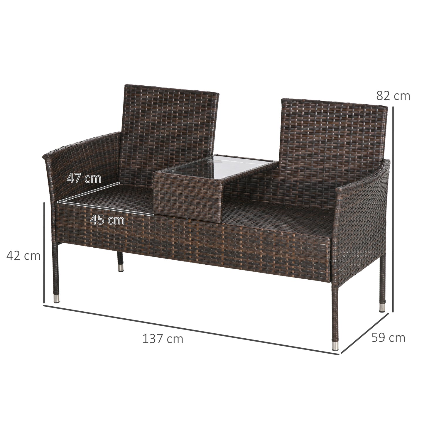 Outsunny Dual Seat Rattan Lounge Chair Set with Center Table - Brown - ALL4U RETAILER LTD