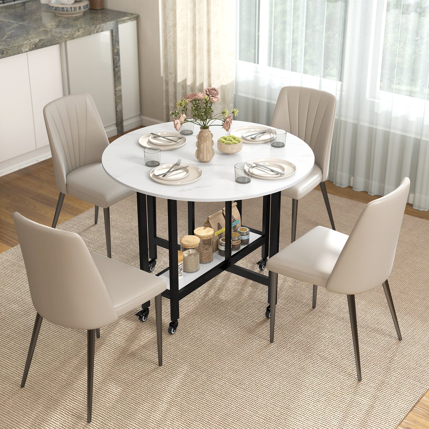 HOMCOM Folding Dining Table With Drop Leaf And Open Shelf On Wheels For Small Spaces White Marble