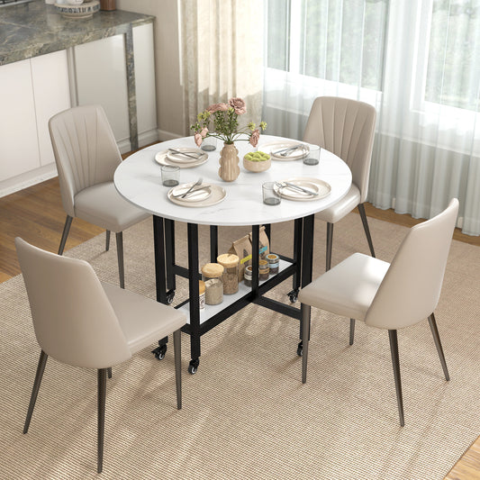 HOMCOM Folding Dining Table With Drop Leaf And Open Shelf On Wheels For Small Spaces White Marble