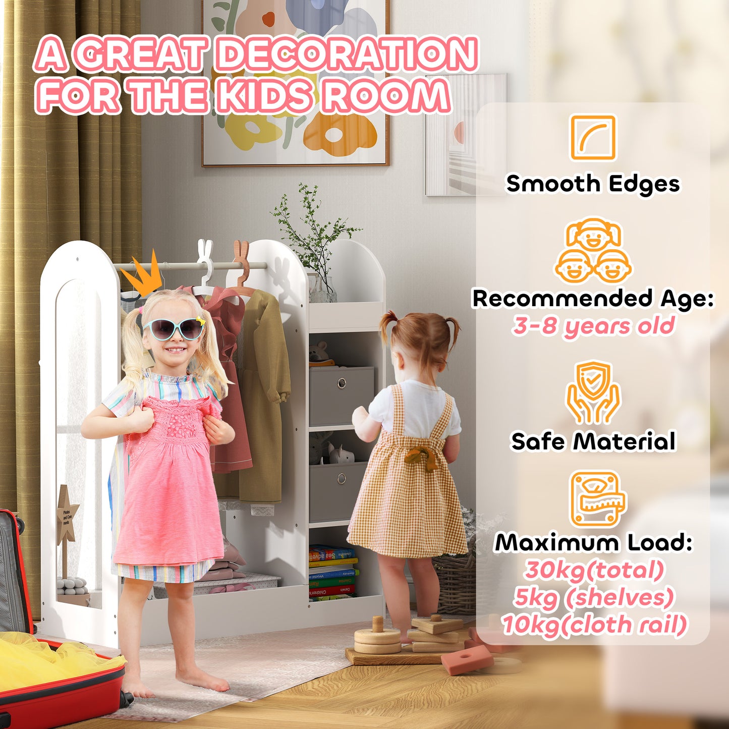 AIYAPLAY Kids Clothes Rail Wardrobe With Storage Shelf And Boxes Mirror For Bedroom And Nursery White