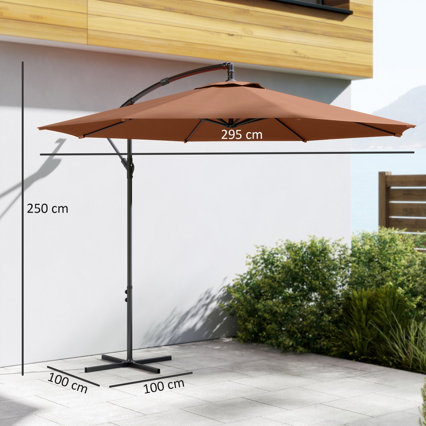 Outsunny Three Meter Overhanging Cantilever Parasol With Cross Base Coffee UV Resistant Fabric