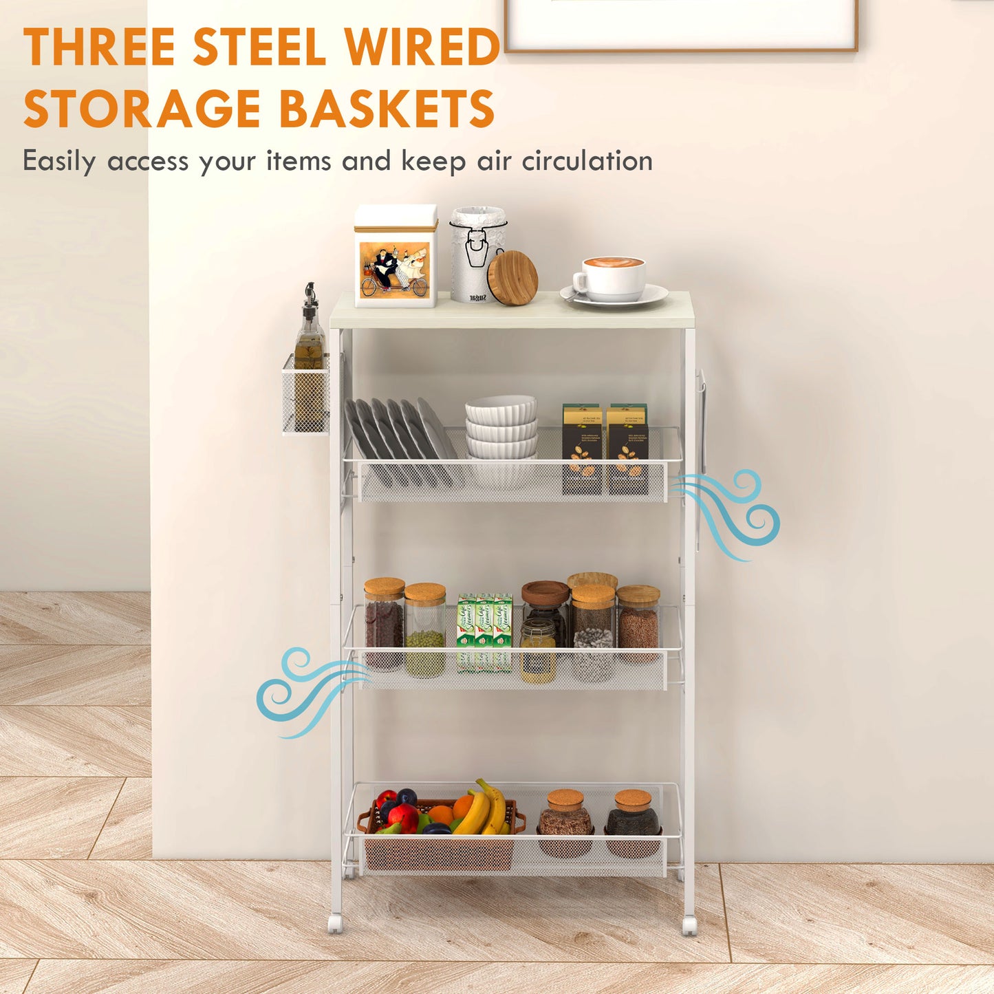 HOMCOM 3 Tier Kitchen Cart With Steel Wire Baskets On Wheels White Finish For Kitchen Organization And Storage