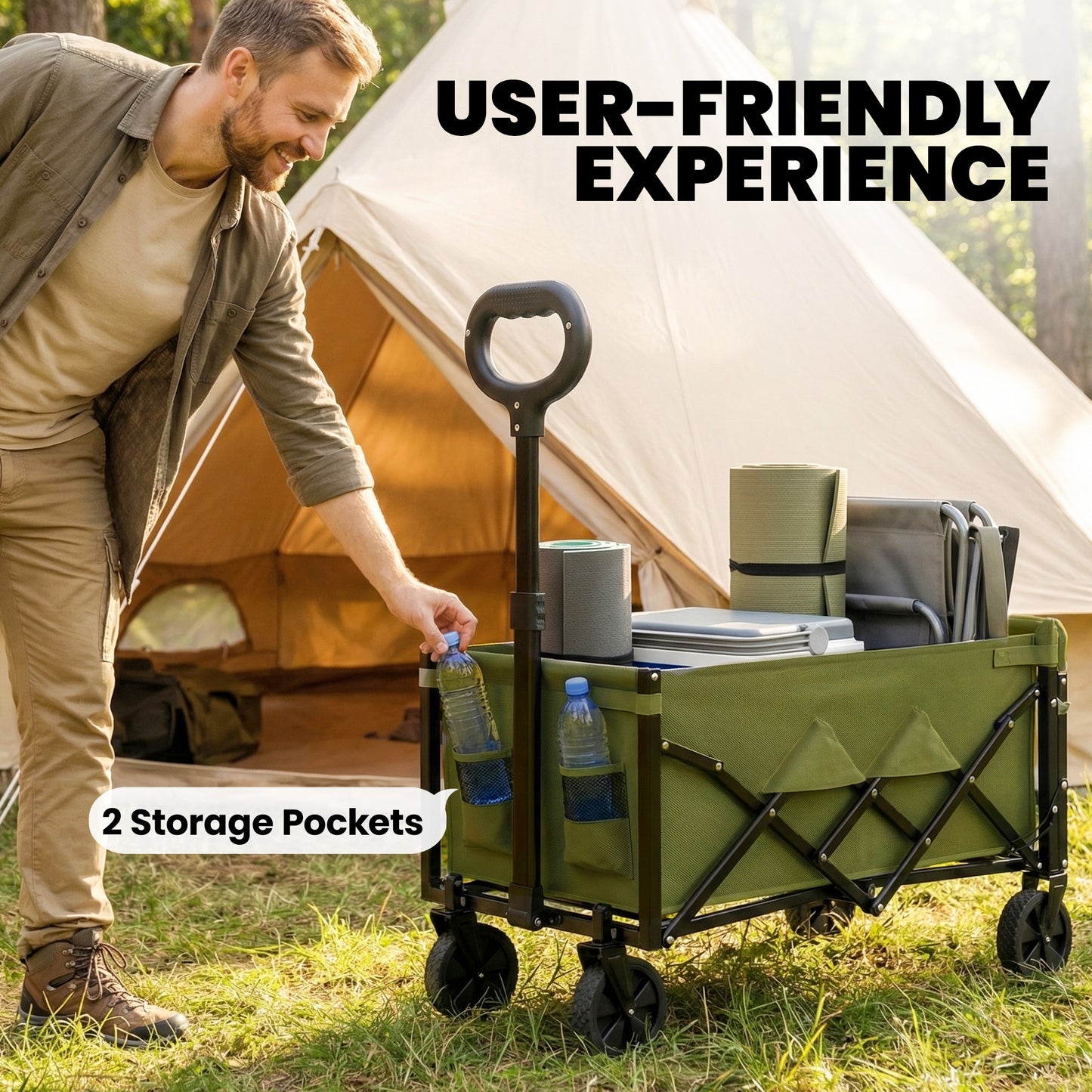 Outsunny 80L Foldable Festival Trolley On Wheels Collapsible Wagon Cart With Drop Down Tailgate Adjustable Handle Green
