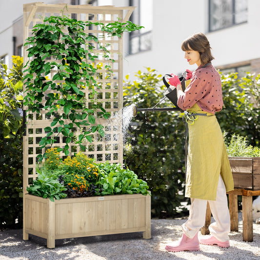 Outsunny Raised Bed with Drainage Holes, Wood Planter with Trellis for Climbing Plants to Grow Vegetables, Flowers, Natural - ALL4U RETAILER LTD