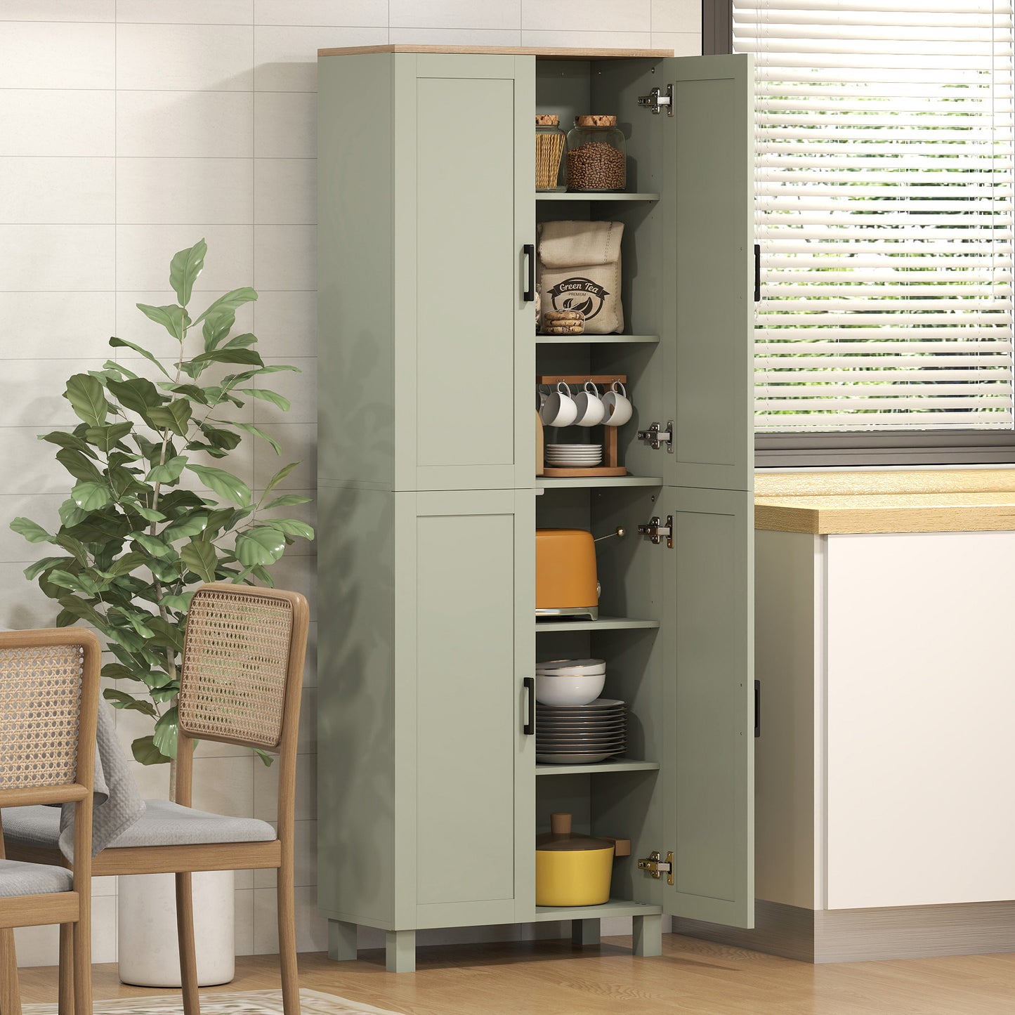 HOMCOM Freestanding Kitchen Pantry Cabinet Four Door Storage With Adjustable Shelves 170cm Tall Green