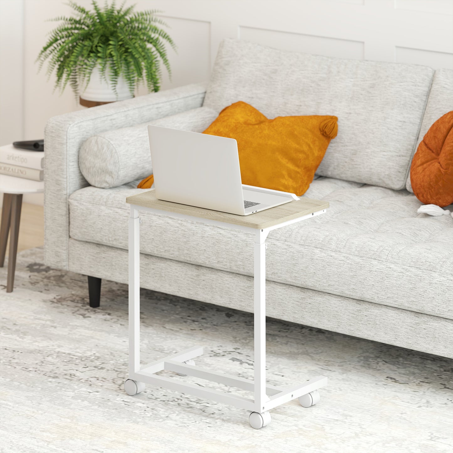 HOMCOM C Shaped Sofa Side Table Height Adjustable Overbed Table With Tilting Desktop Mobile Laptop Desk Oak And White