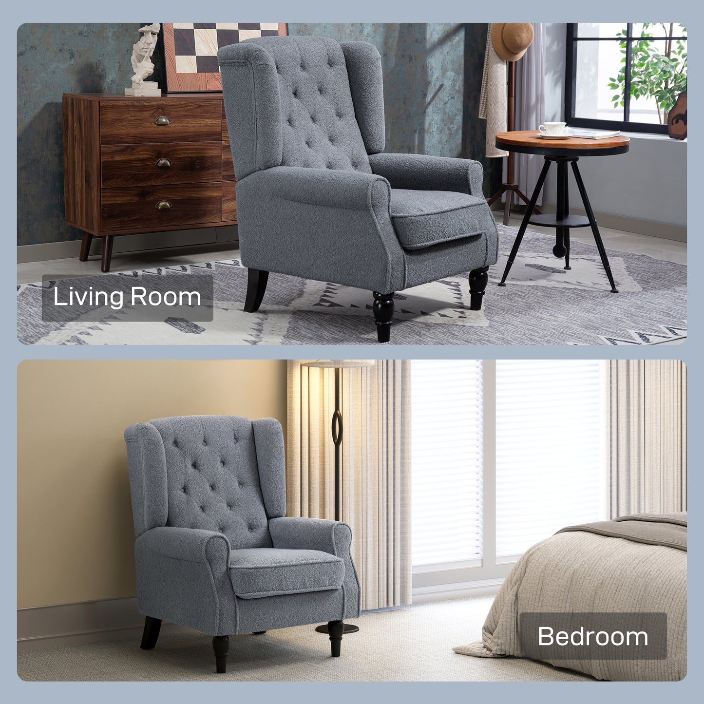 HOMCOM Wingback Accent Chair Retro Upholstered Button Tufted Occasional Chair For Living Room And Bedroom Grey