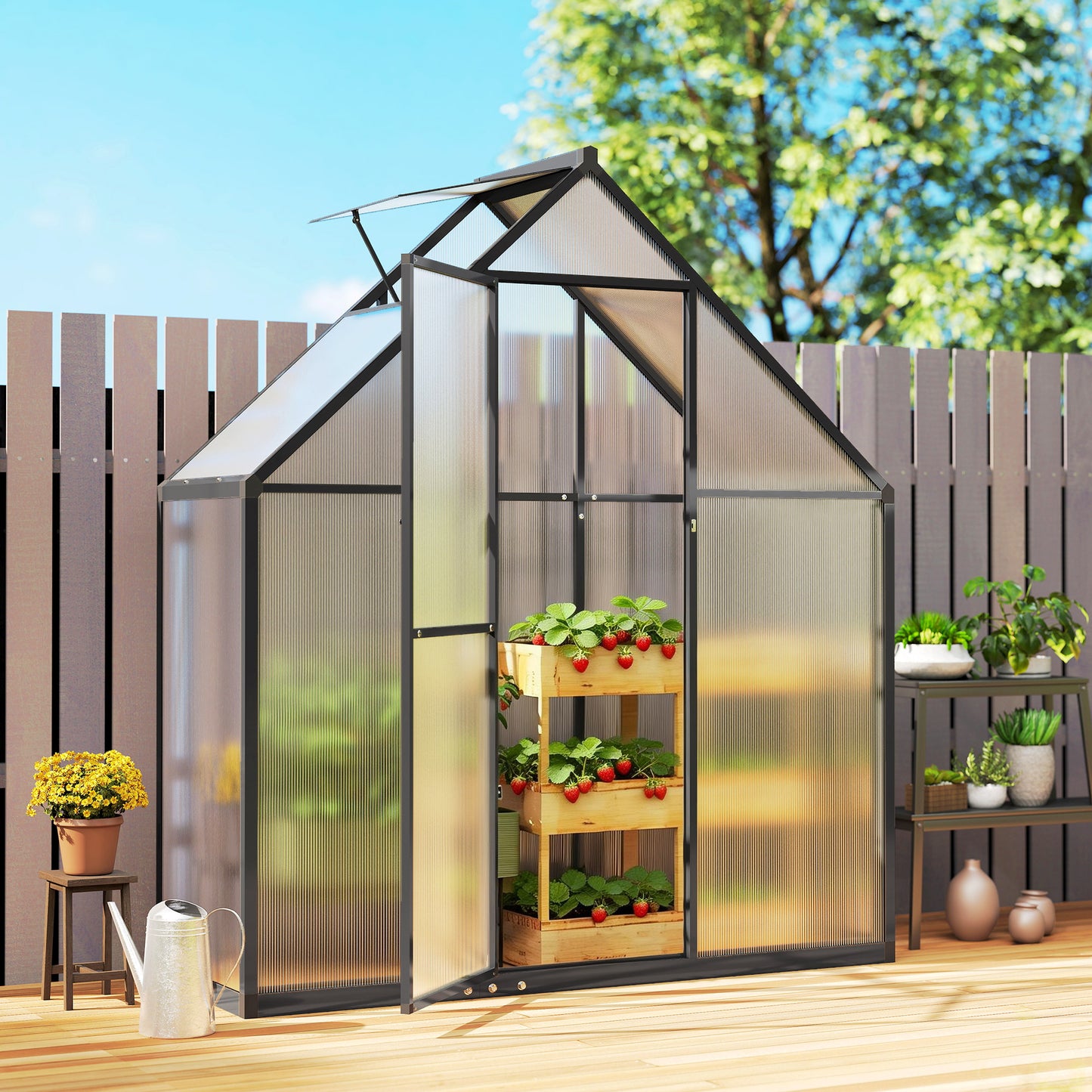 Outsunny Polycarbonate Greenhouse With Swing Door And Adjustable Window Walk In 5.5 Feet By 2 Feet Black