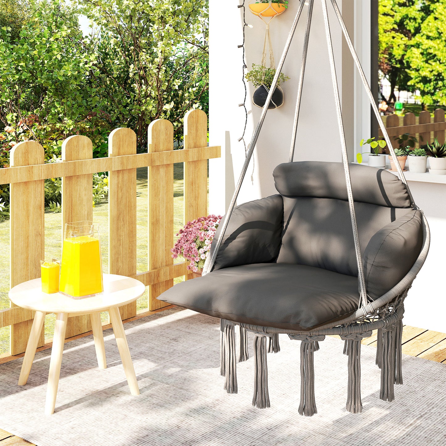 Outsunny Outdoor Hanging Chair Hammock With Soft Cushion Cotton Rope Boho Style Swing Chair Dark Grey