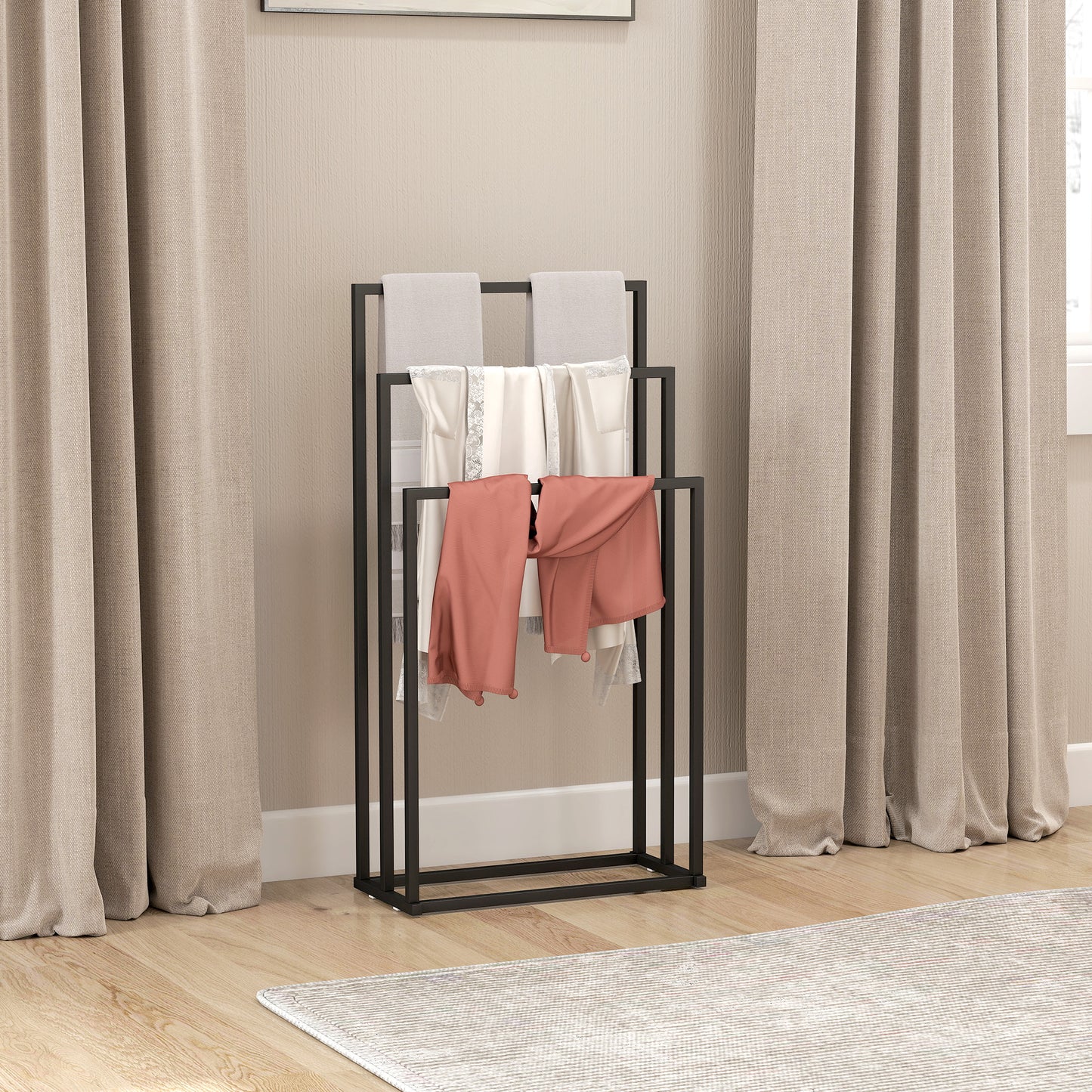 HOMCOM Freestanding Space Saving Steel Towel Rack With 3 Bars For Bathroom And Laundry Black