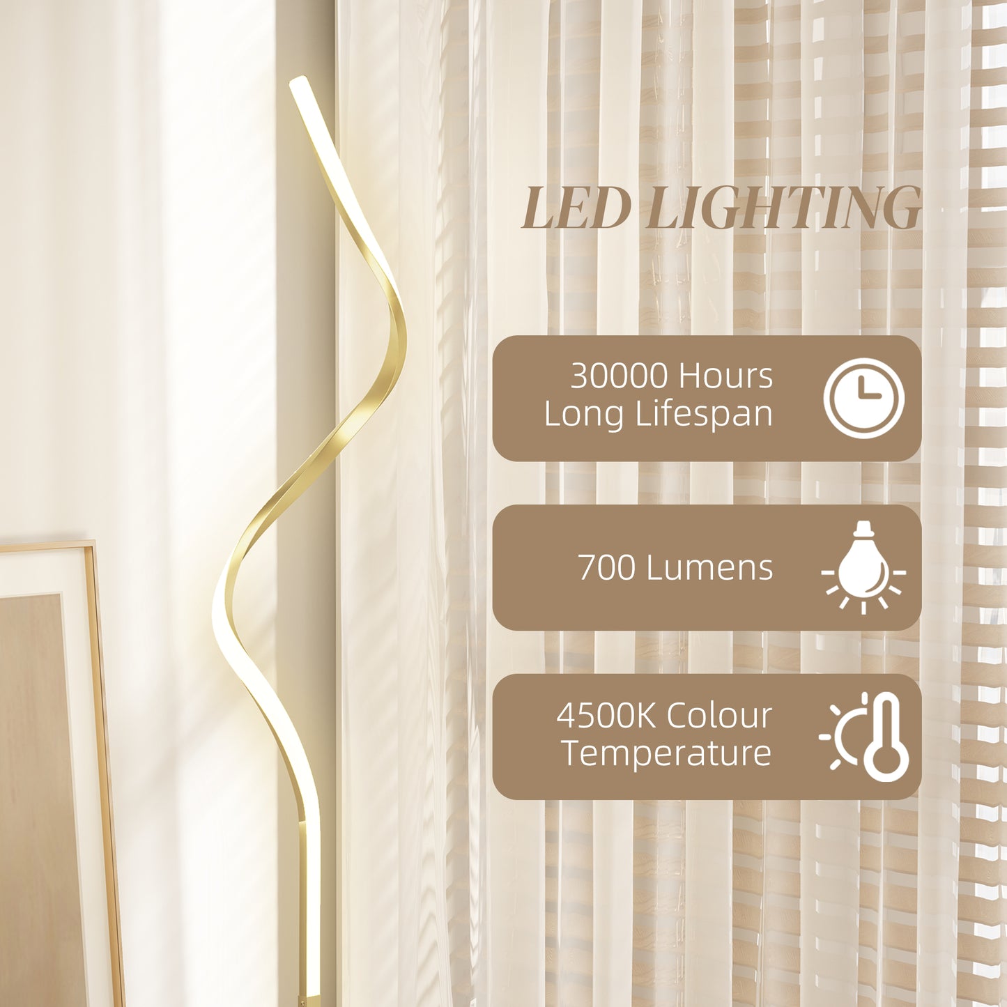 HOMCOM LED Floor Lamp Spiral Twist With 3 Adjustable Brightness Levels Foot Switch Gold Tone For Bedroom Living Room
